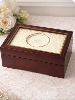 Lenox Wood Jewelry Music Box Ivory Porcelain Lid Gold Trim Floral Bow Plays Tune